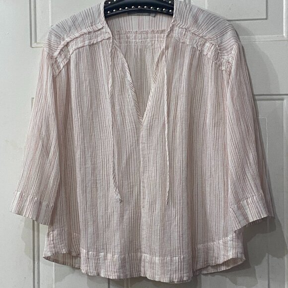 Vince Sz S Oversize Blouse Tie Neck 3/4 Sleeve White/Pink Striped Crinkle - Picture 1 of 11